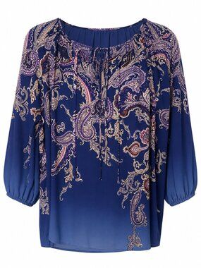 Susan Graver Blue Popover Boho Paisley Office Blouse Size 12